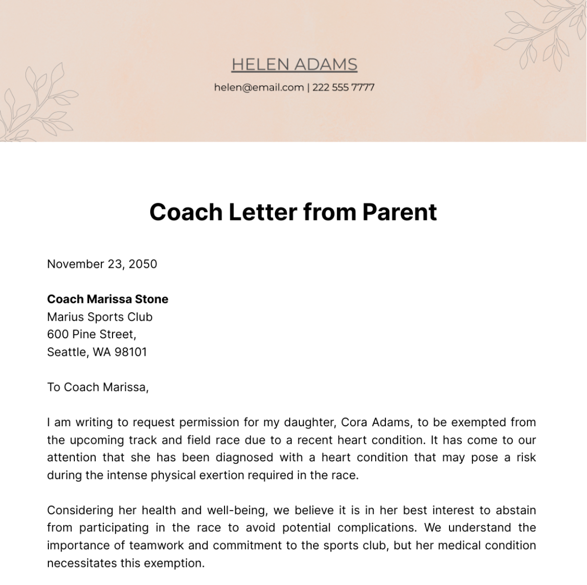 Free Coach Letter from Parent   Template