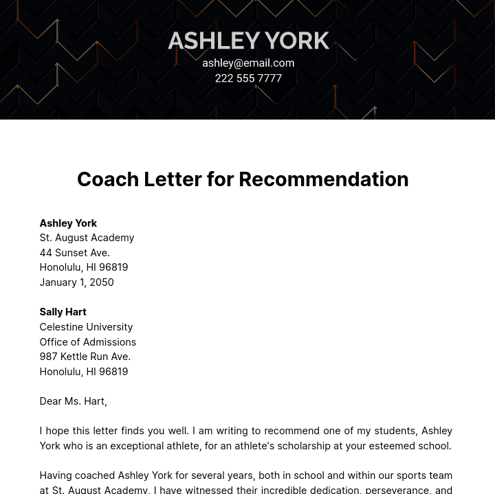 Free Coach Letter for Recommendation   Template