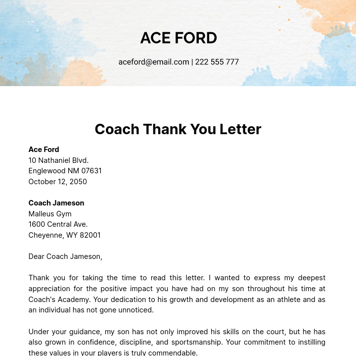 Free Coach Thank you Letter   Template