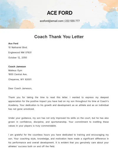Free Coach Thank you Letter   Template to Edit Online