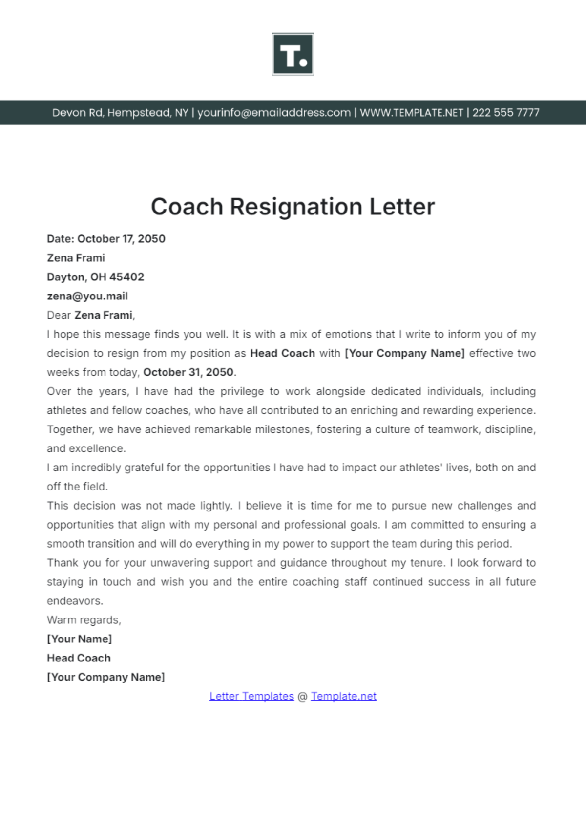 Coach Resignation Letter Template - Edit Online & Download