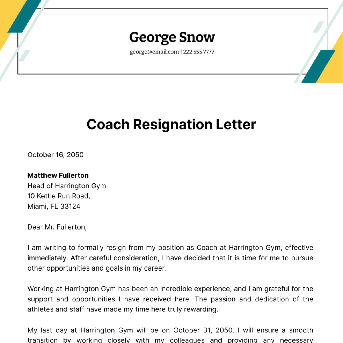 Free Coach Resignation Letter   Template