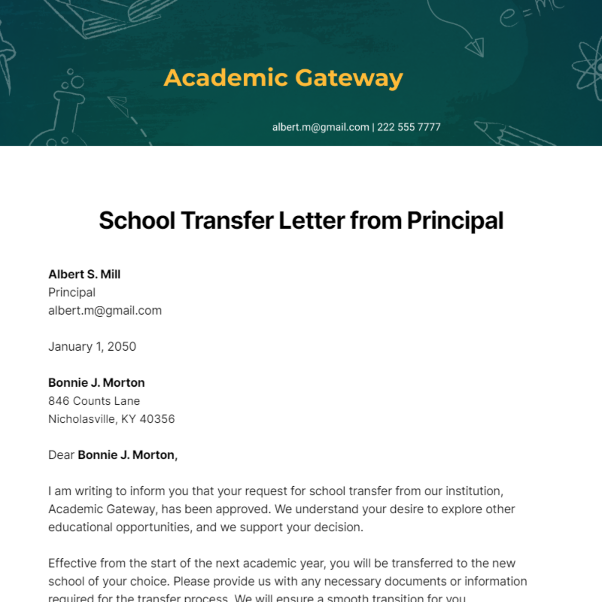 School Transfer Letter from Principal   Template