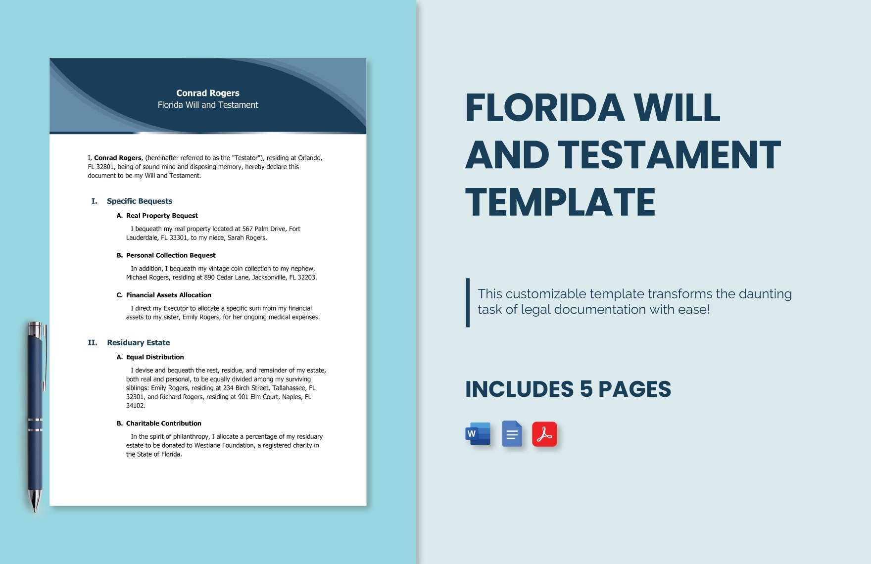 Florida Will and Testament Template