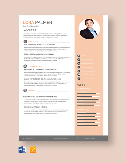Professional Photographer Resume Template - Word, Apple Pages