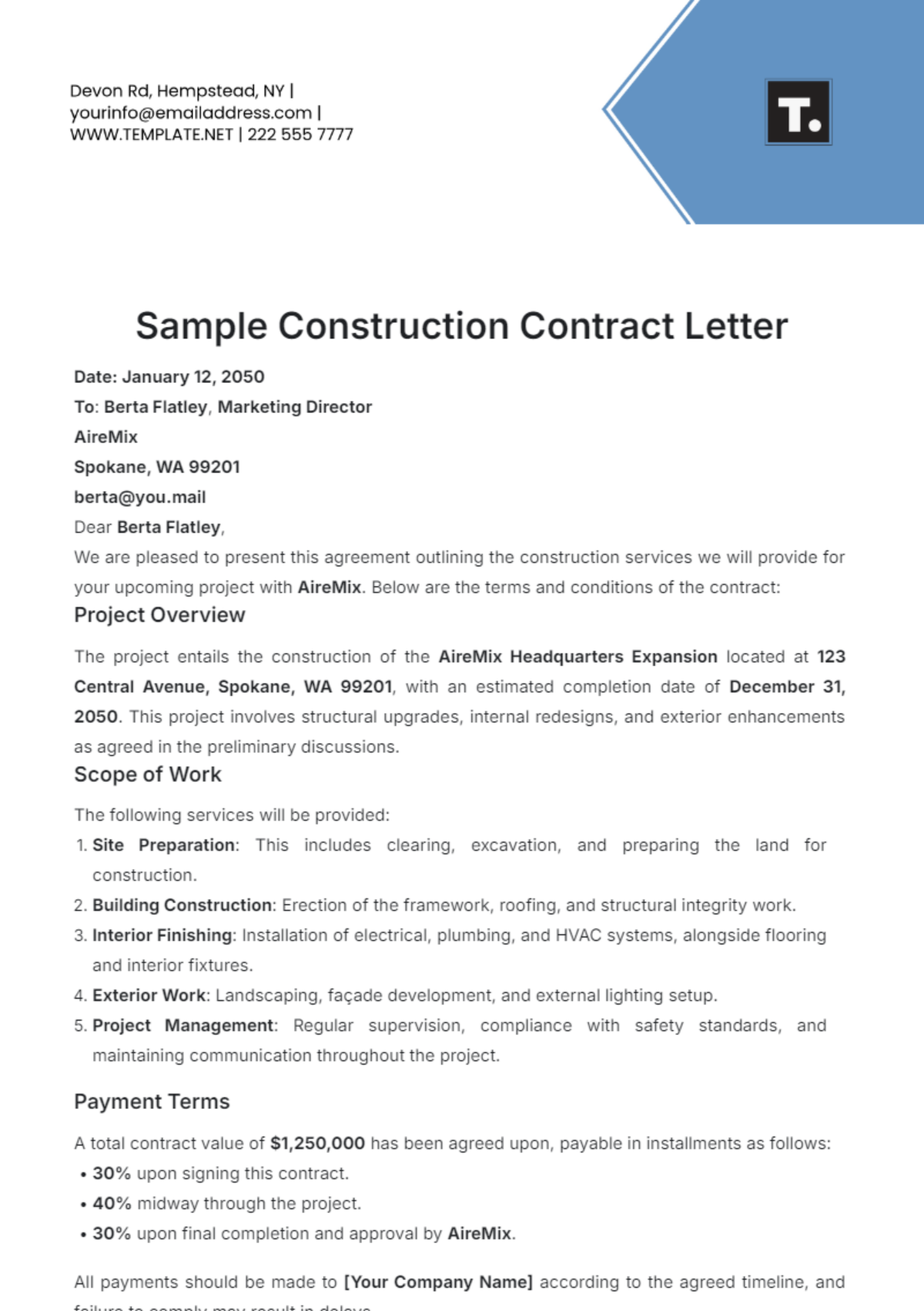 Sample Construction Contract Letter Template - Edit Online & Download