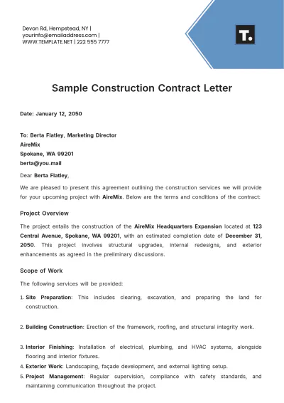 Free Sample Construction Contract Letter Template to Edit Online