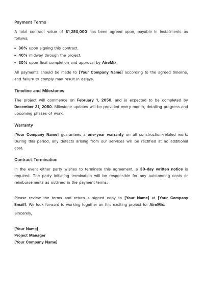 Free Sample Construction Contract Letter Template to Edit Online