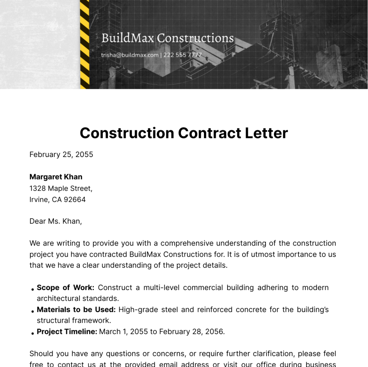 Free Construction Contract Letter Template