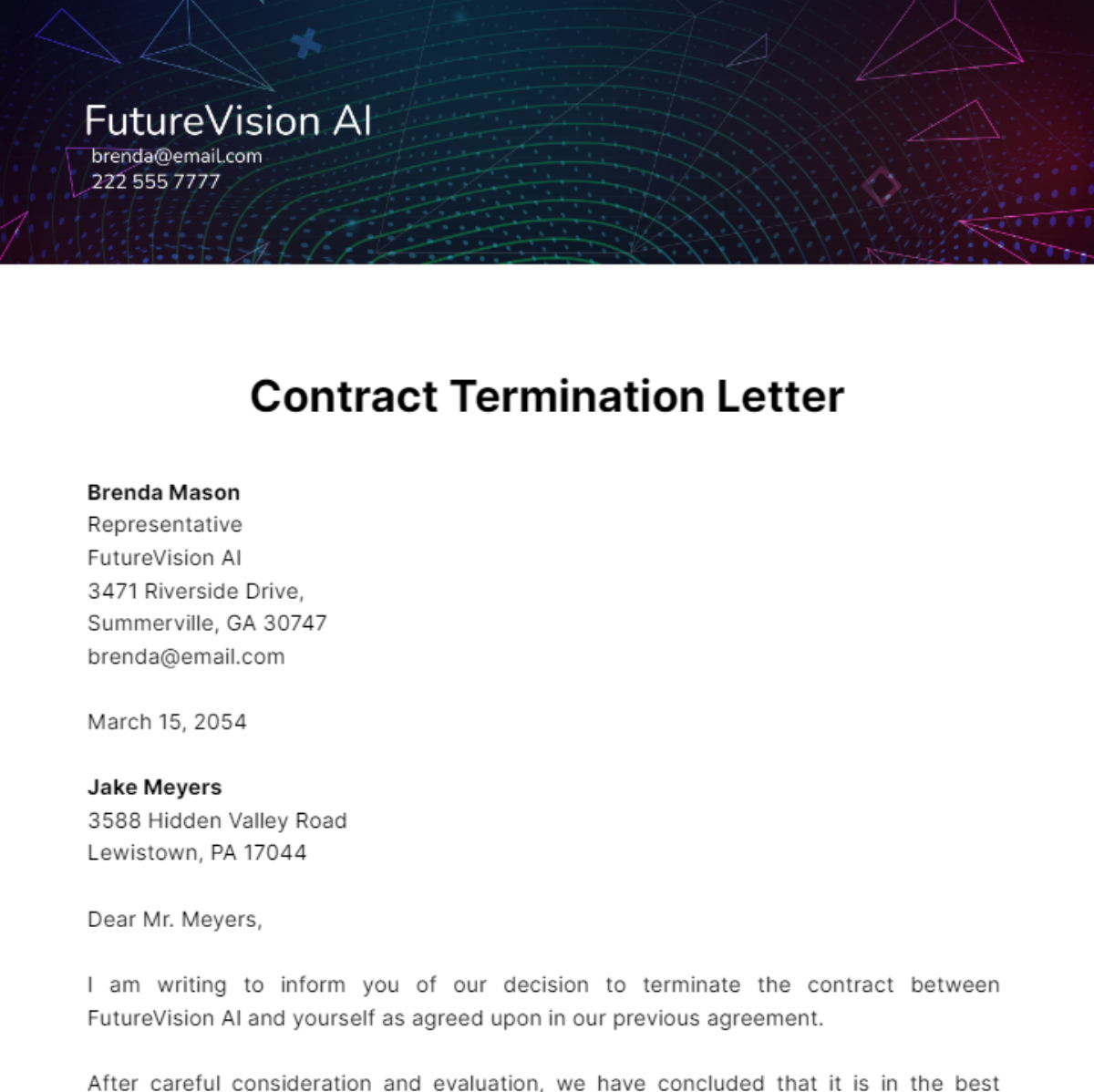 Free Contract Termination Letter Template