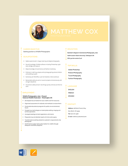 Experienced Photographer Resume Template - Word, Apple Pages