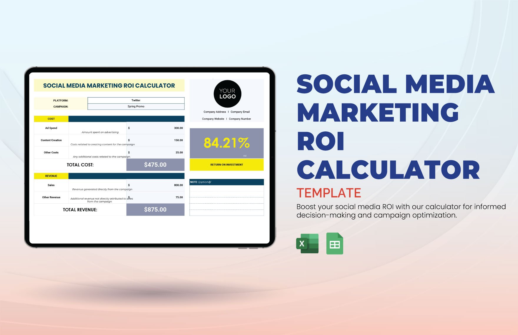 Social Media Marketing ROI Calculator Template in Excel, Google Sheets