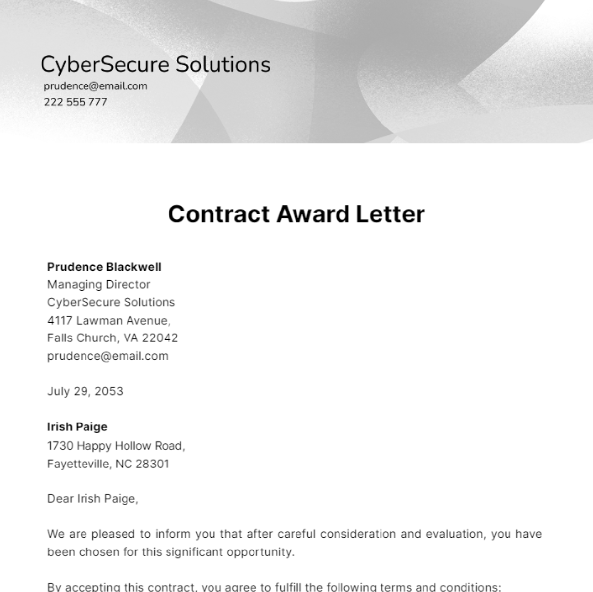 Contract Award Letter Template