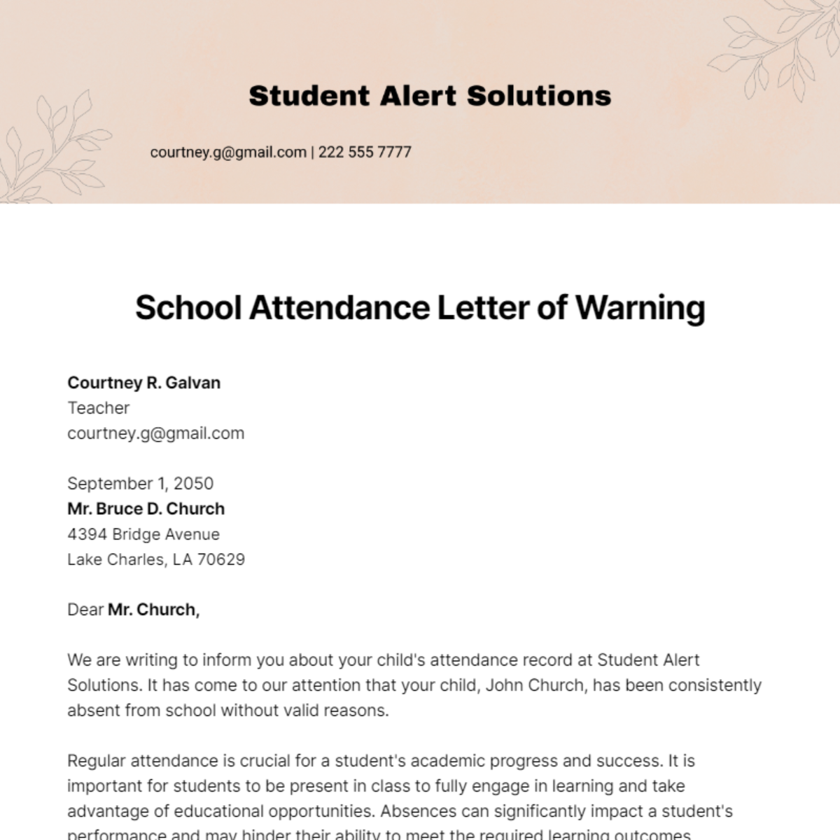 School Attendance Letter of Warning   Template