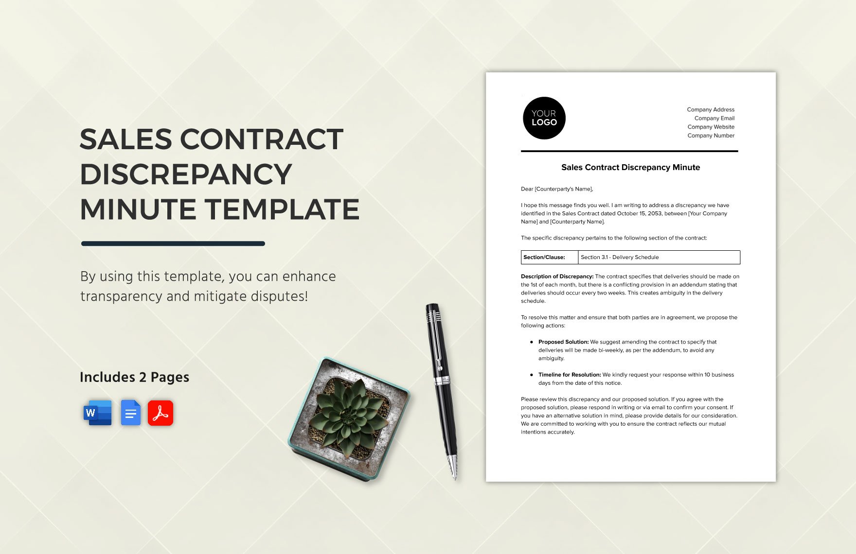 Sales Contract Discrepancy Minute Template in Word, Google Docs, PDF