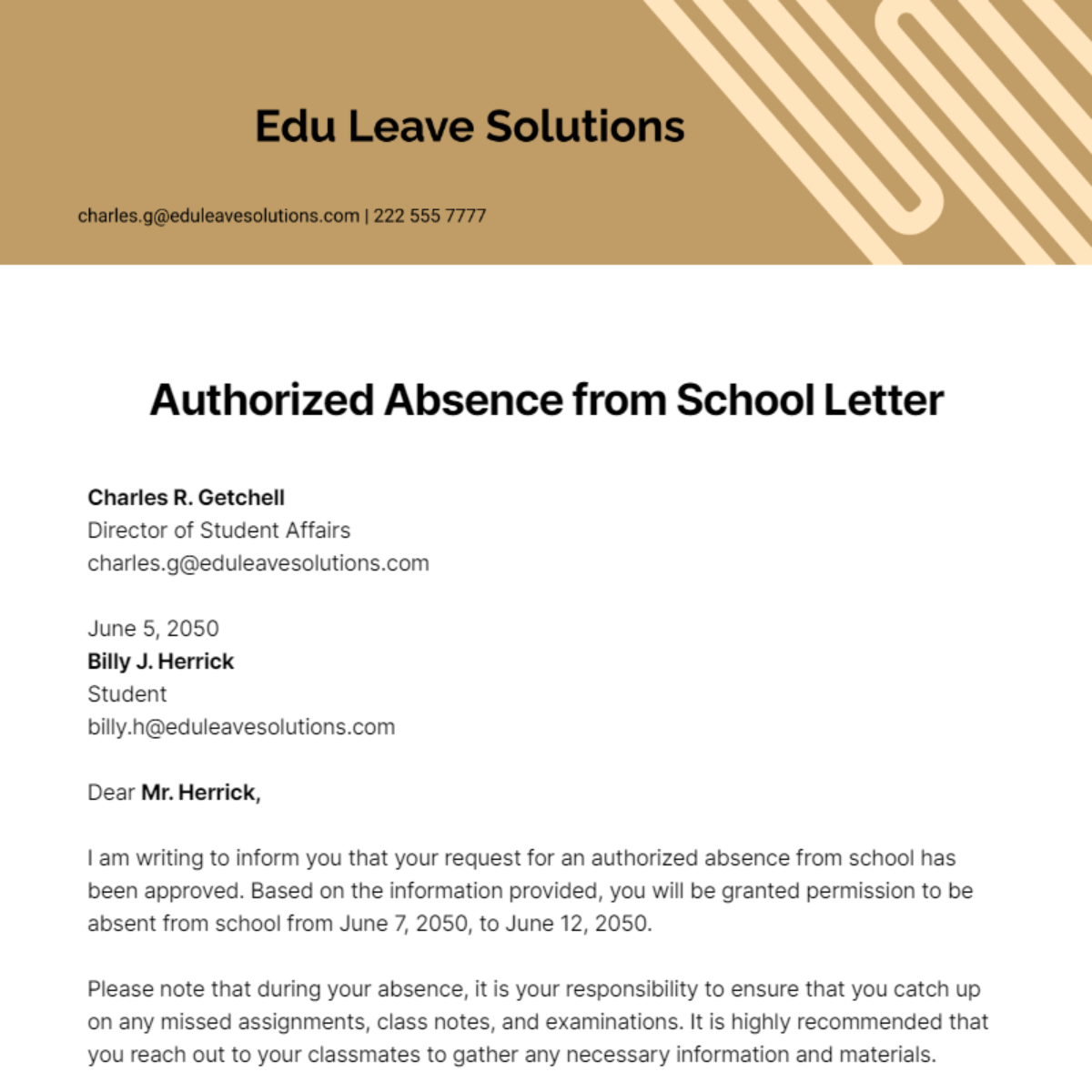 Authorised Absence from School Letter   Template
