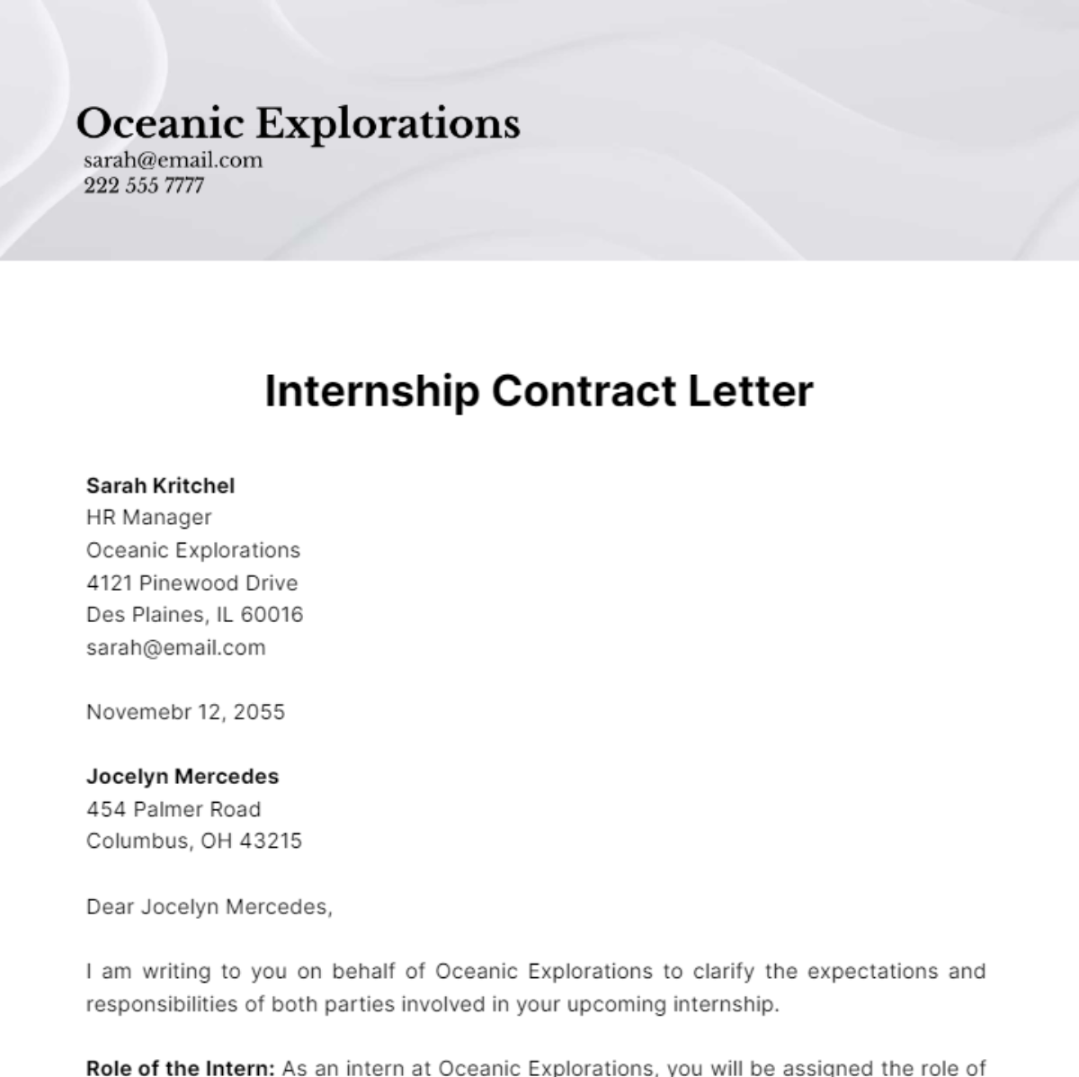 Free Internship Contract Letter Template