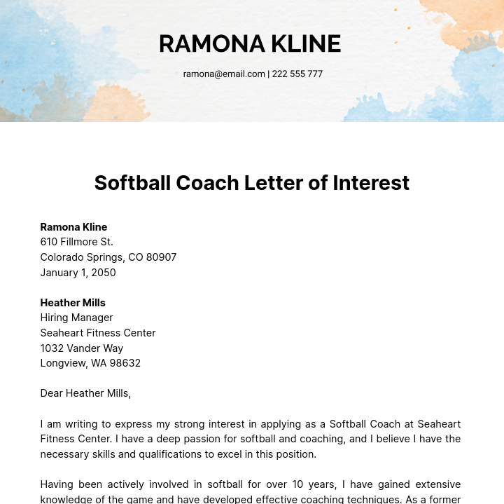 Softball Coach Letter of Interest   Template