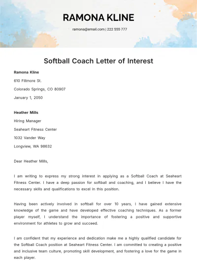 Free Softball Coach Letter of Interest   Template to Edit Online