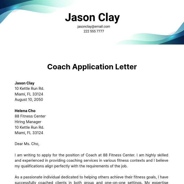 Free Coach Application Letter   Template