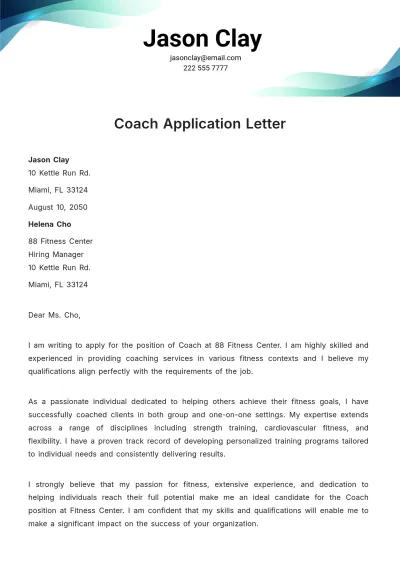 Free Coach Application Letter   Template to Edit Online