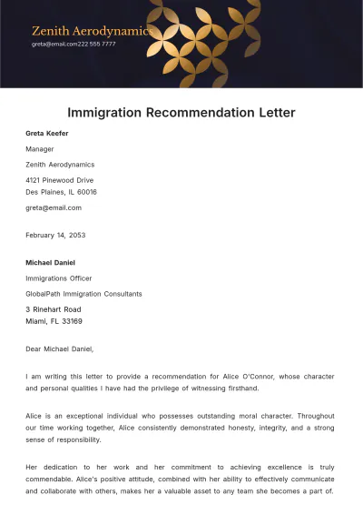 Free Immigration Recommendation Letter Template to Edit Online