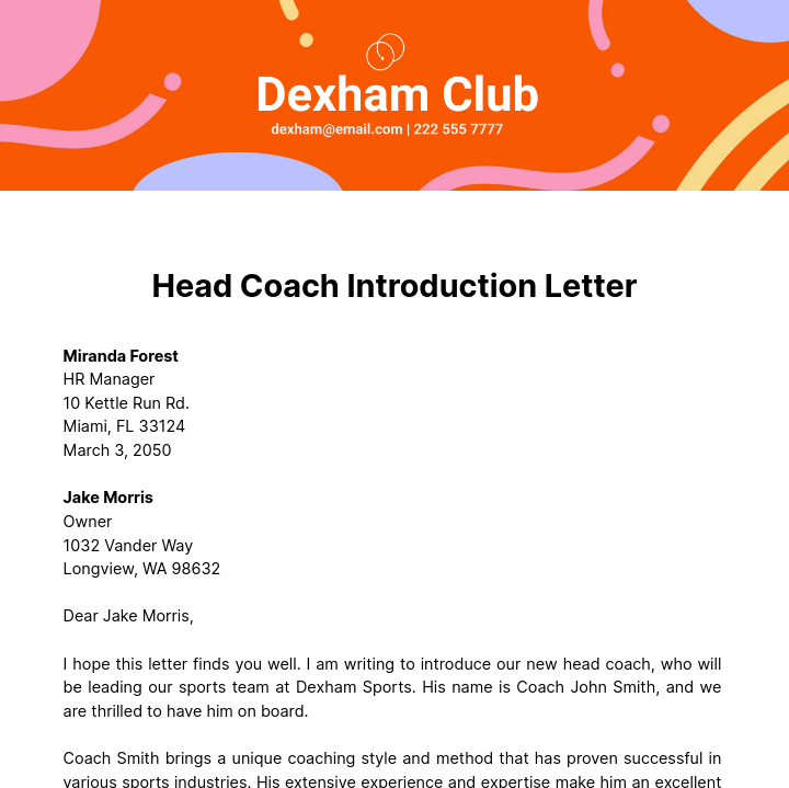 Head Coach Introduction Letter   Template