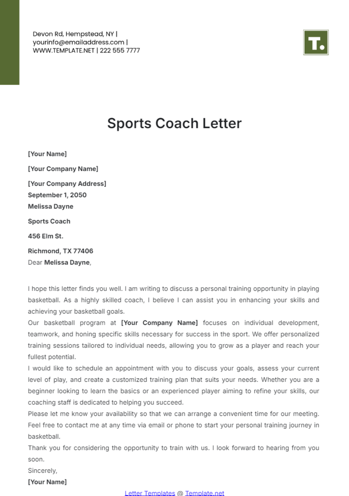 Sports Coach Letter Template - Edit Online & Download