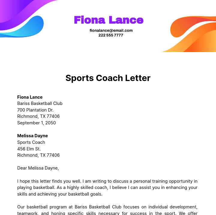 Free Sports Coach Letter   Template