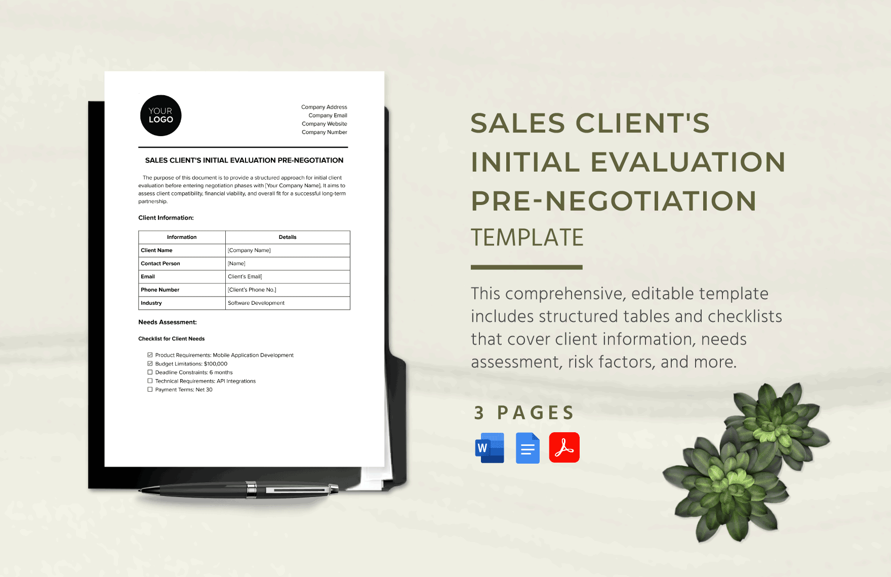 Sales Client's Initial Evaluation Pre-Negotiation Template in Word, Google Docs, PDF