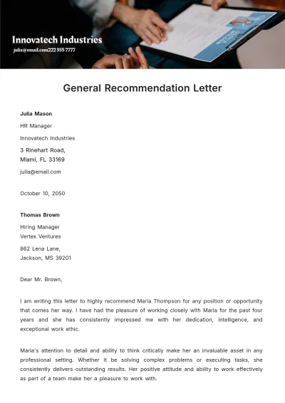Free General Recommendation Letter Template to Edit Online