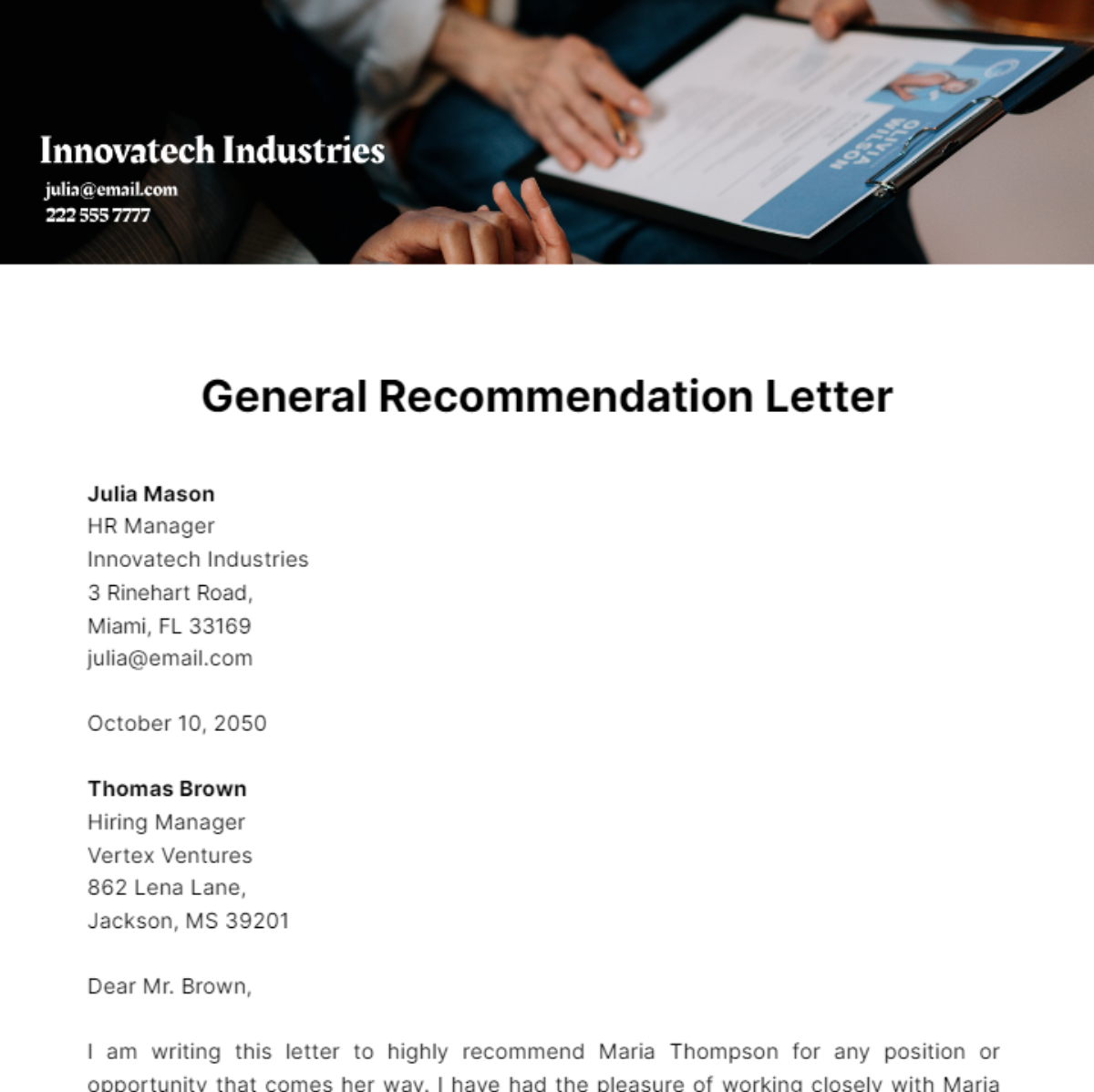 Free General Recommendation Letter Template