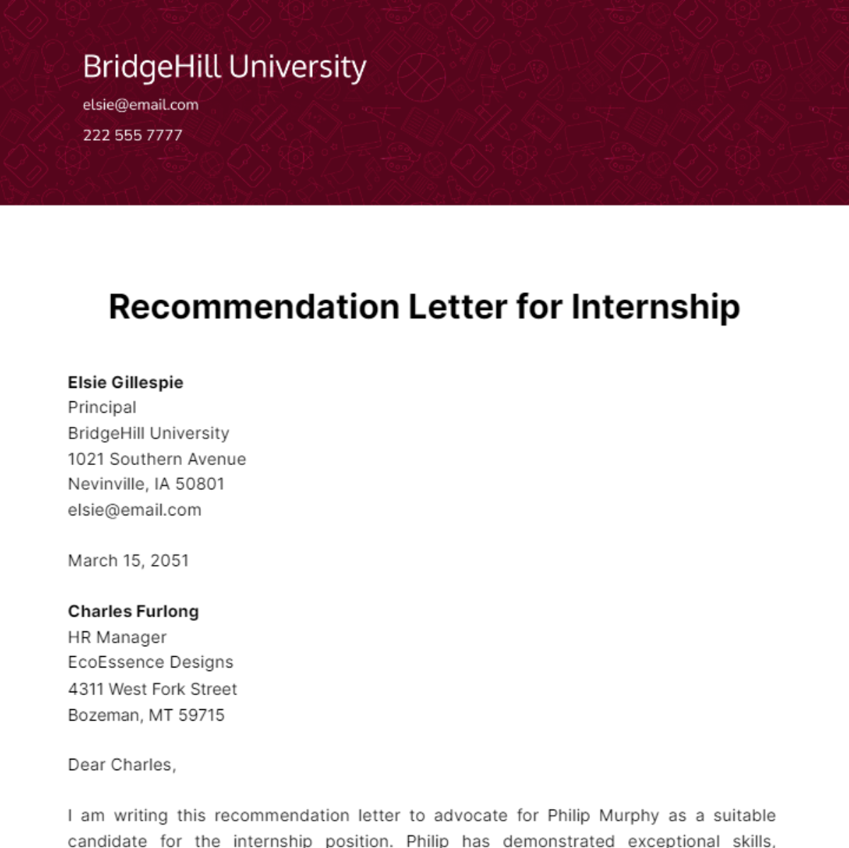 Free Recommendation Letter for Internship Template