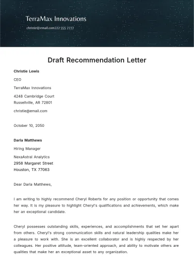 Free Draft Recommendation Letter Template to Edit Online