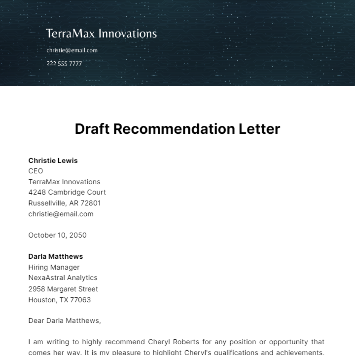 Free Draft Recommendation Letter Template