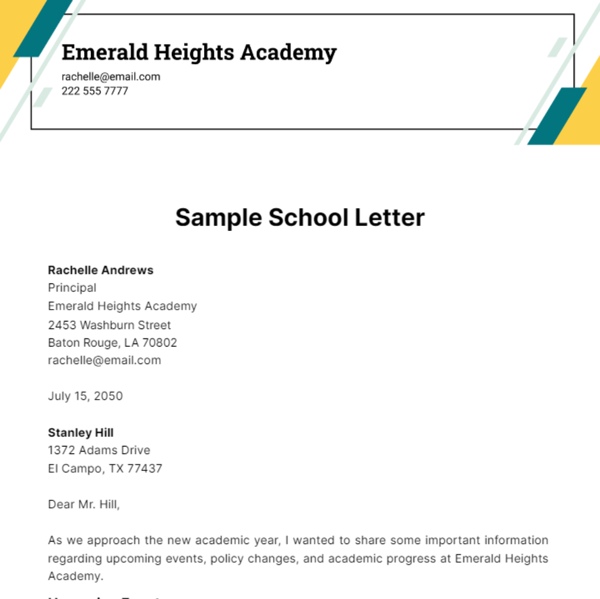 Sample School Letter Template