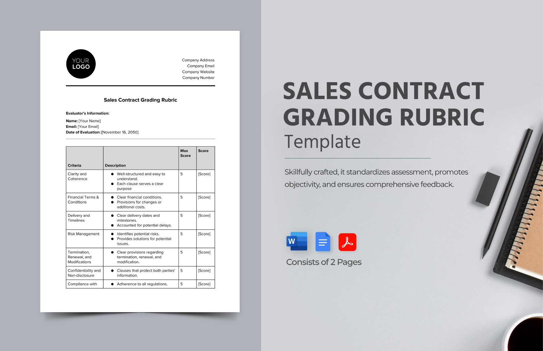 Sales Contract Grading Rubric Template in Word, Google Docs, PDF