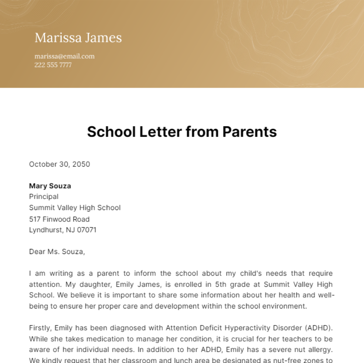 School Letter from Parents Template