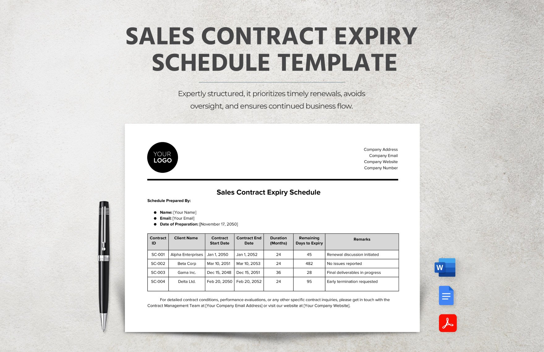 Sales Contract Expiry Schedule Template in Word, Google Docs, PDF