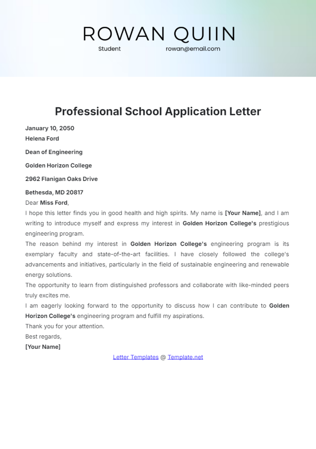 Professional School Application Letter Template - Edit Online & Download