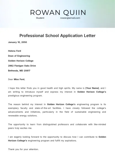 Free Professional School Application Letter Template to Edit Online
