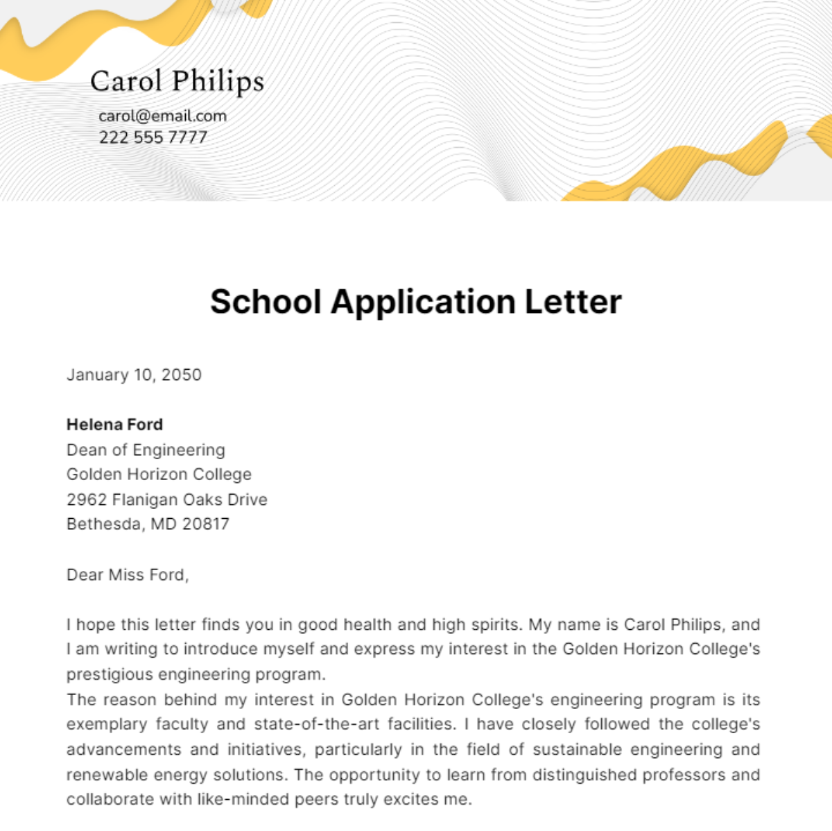 School Application Letter Template