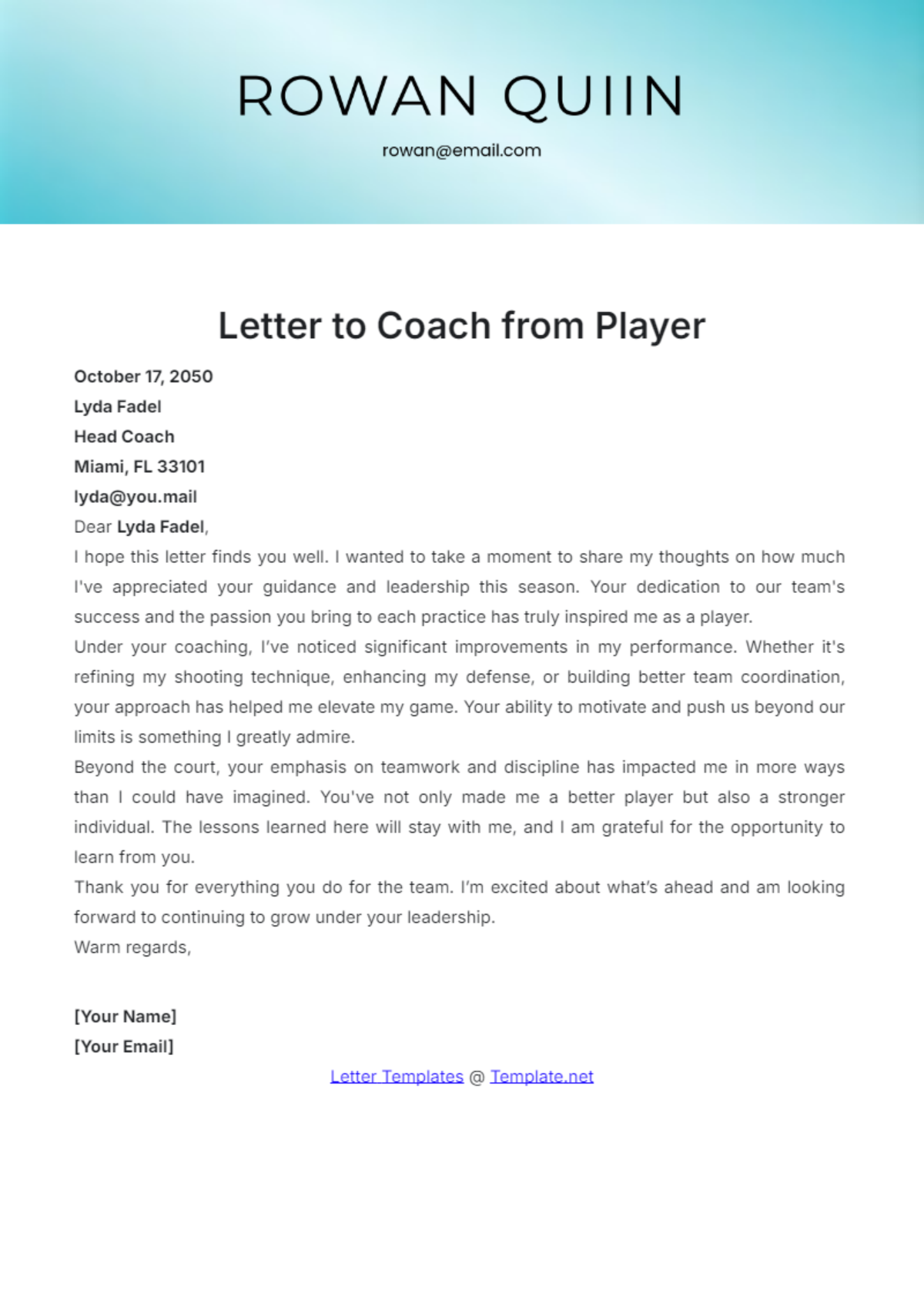 Letter to Coach from Player Template - Edit Online & Download