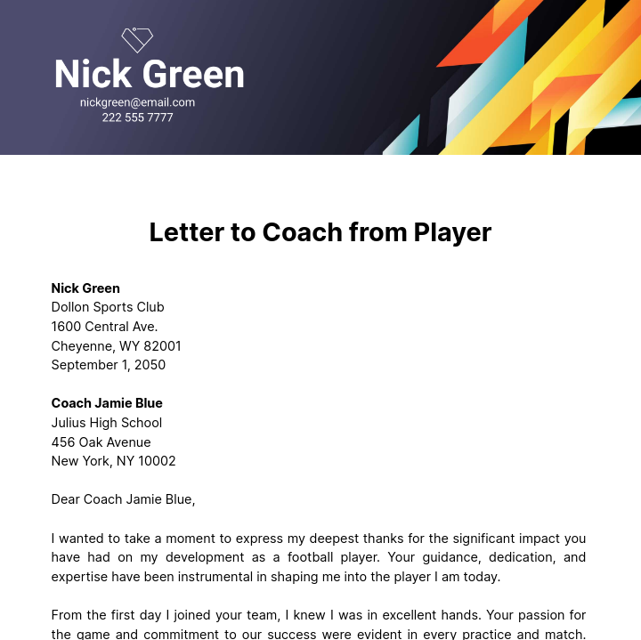 Letter to Coach from Player Template