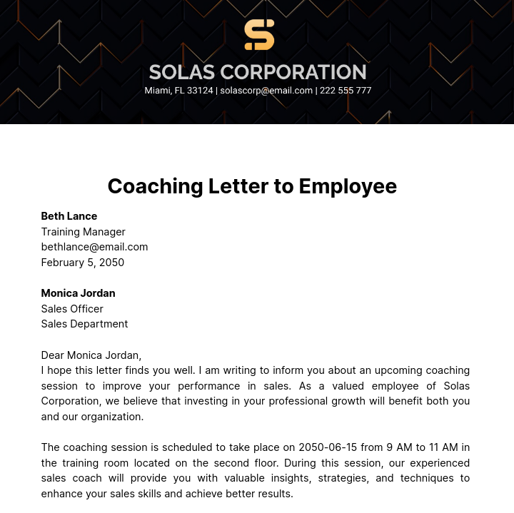 Coaching Letter to Employee   Template