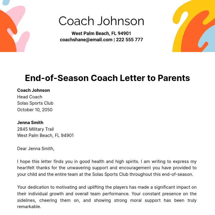 Free End of Season Coach Letter to Parents   Template