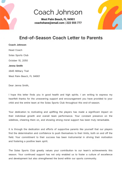 Free End of Season Coach Letter to Parents   Template to Edit Online