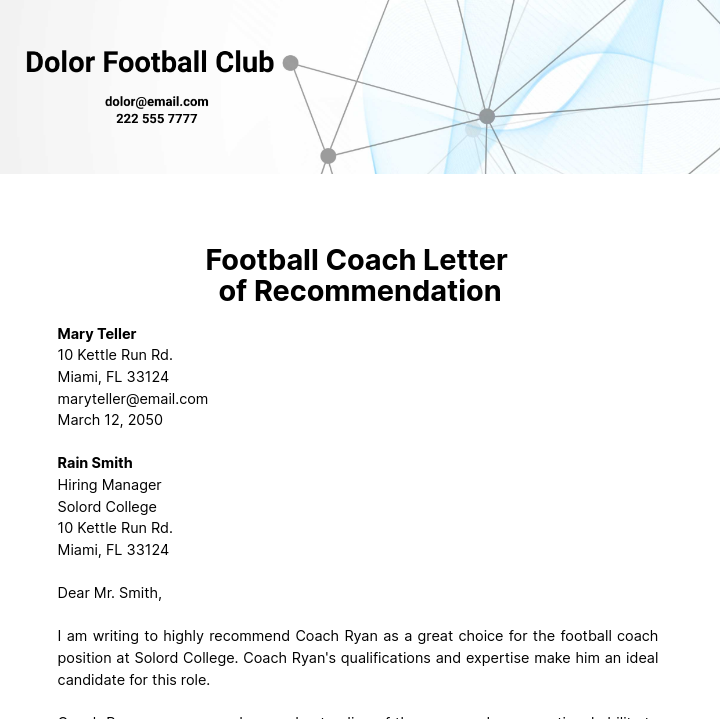 Free Football Coach Letter of Recommendation   Template