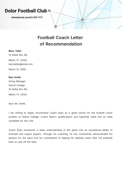 Free Football Coach Letter of Recommendation   Template to Edit Online
