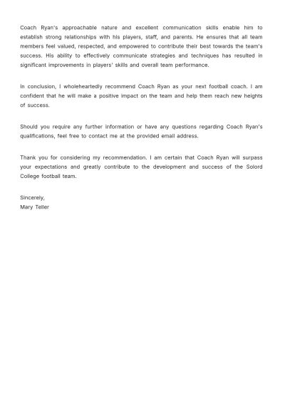 Free Football Coach Letter of Recommendation   Template to Edit Online